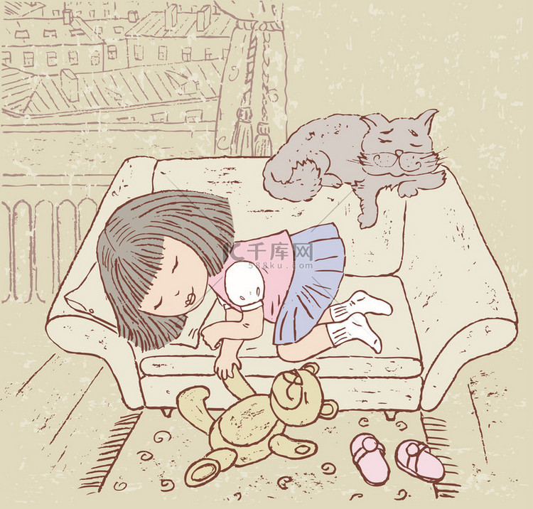 睡着的女孩和猫