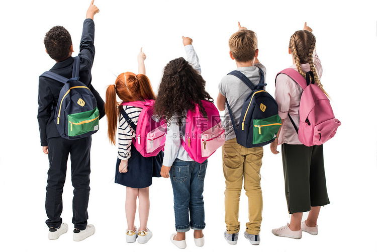 multiethnic children with backpacks