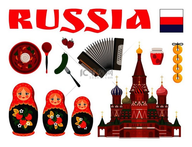 俄罗斯文化设计矢量图标集。