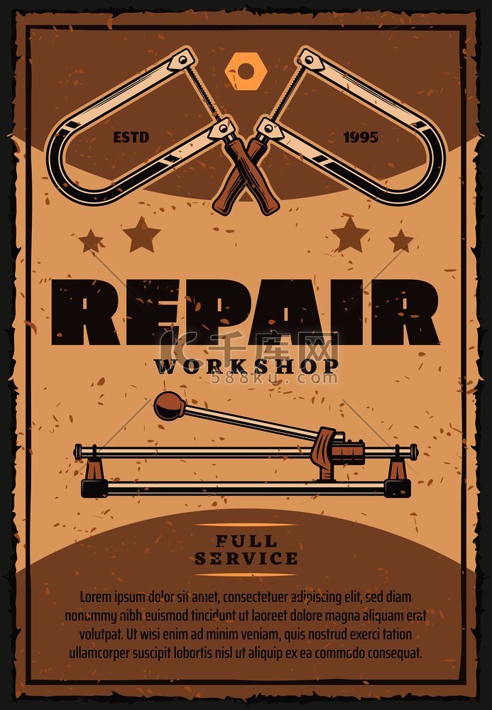 修理车间老式海报上的工作工具线