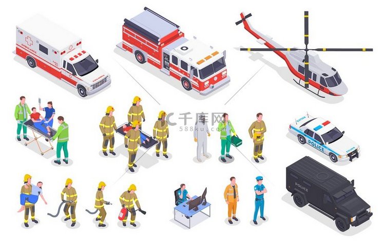 应急服务等轴测集带有消防人员救