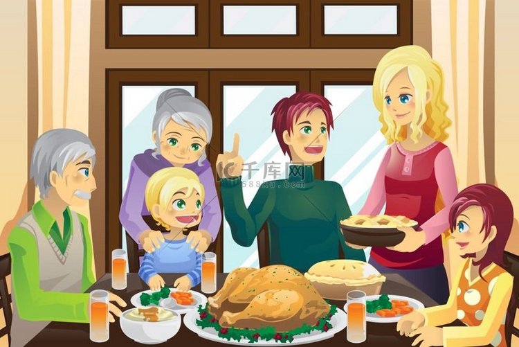 一个家庭一起吃感恩节晚餐的矢量