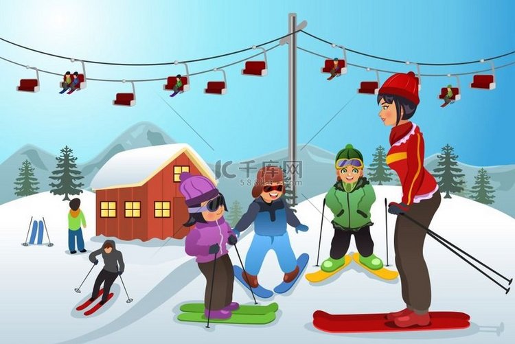 滑雪教练教孩子们如何滑雪的矢量
