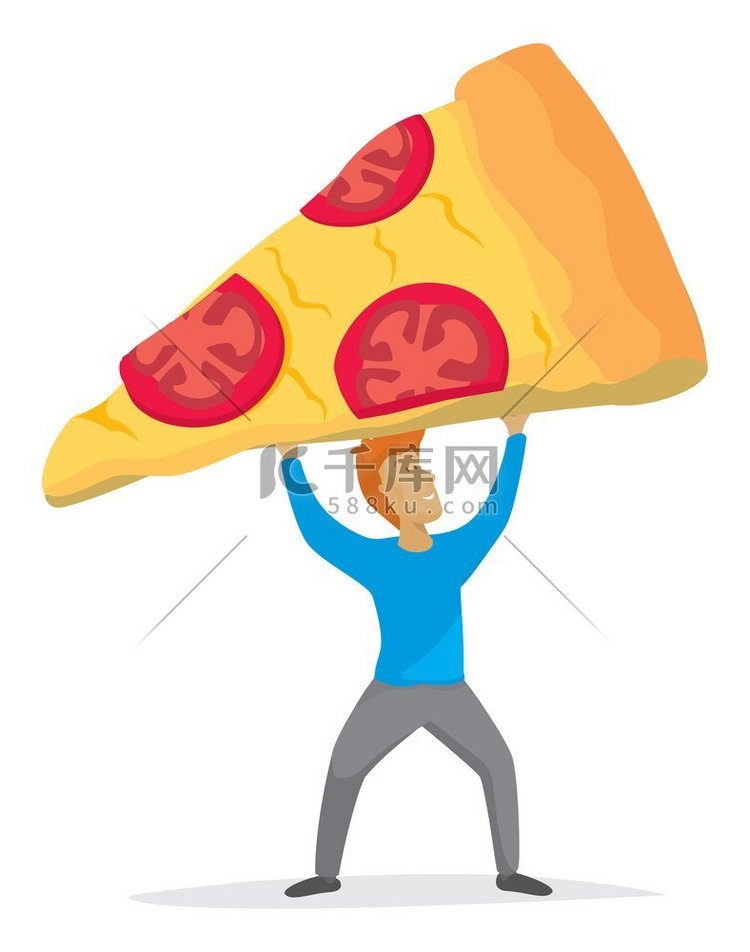 快乐的人拿着一块巨大的披萨片的