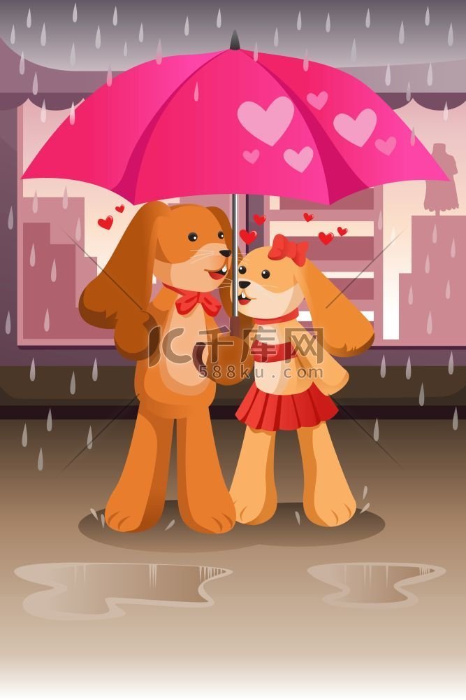 爱在雨中撑着雨伞的狗的矢量图