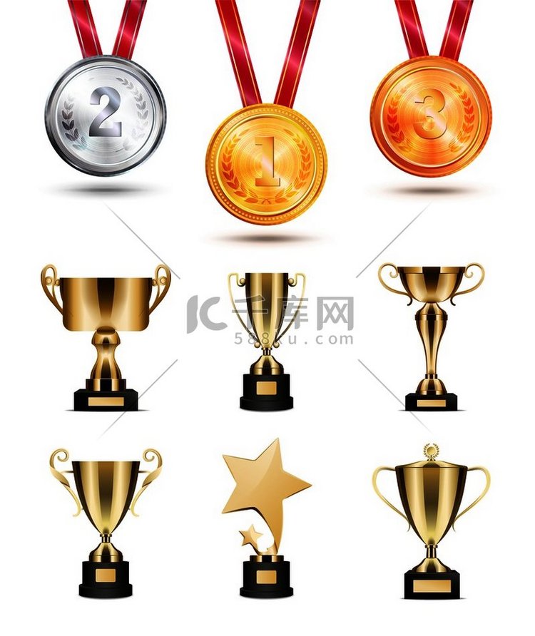 比赛奖牌、金杯和奖项。