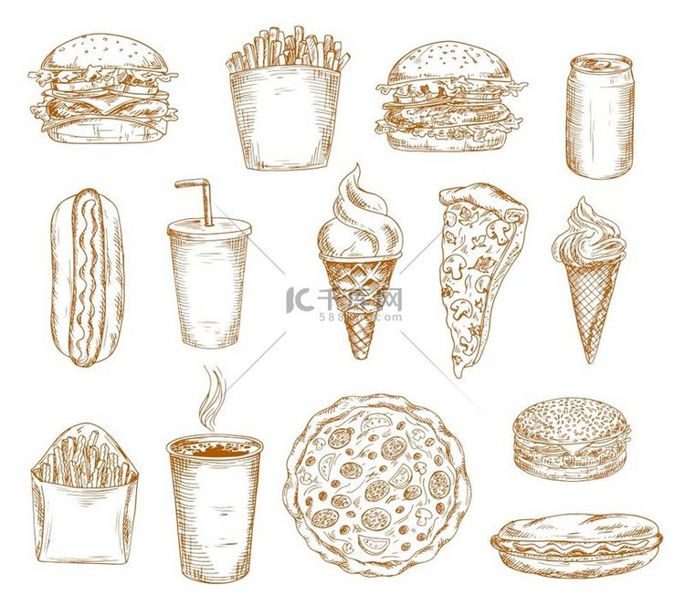 快餐素描图标、矢量、汉堡、汉堡