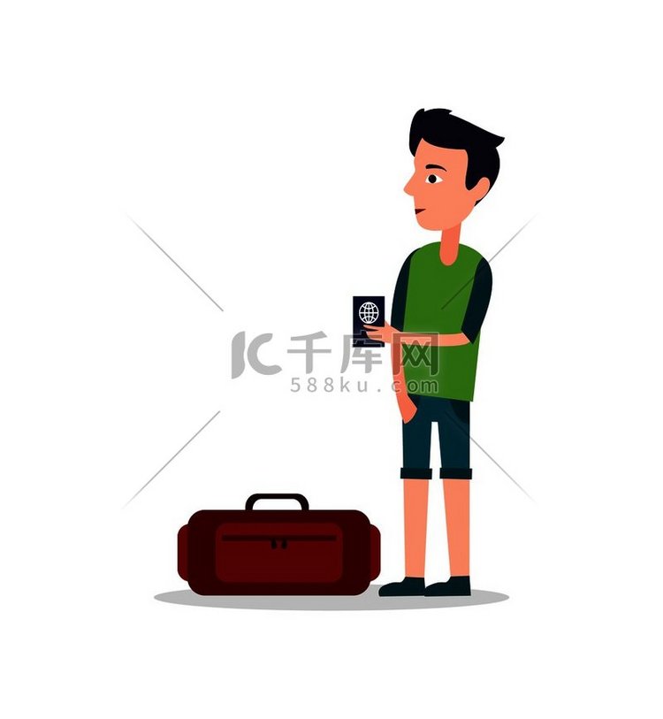 手持国际护照的男子站在行李箱附