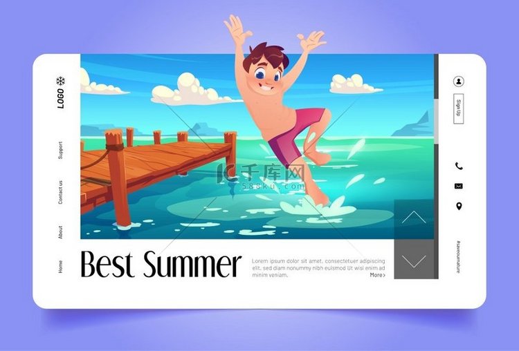 最好的夏季横幅与男孩从木码头跳