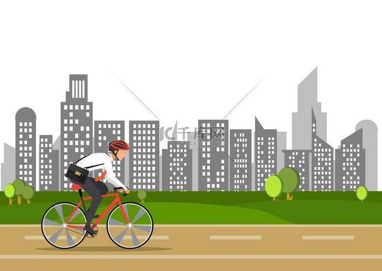 骑自行车的商人去城市工作 世界