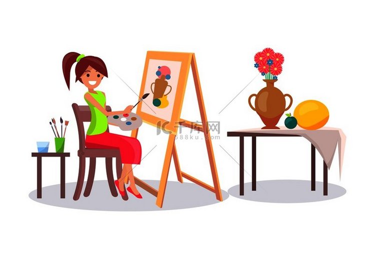 女孩画花瓶和水果的静物画，用画