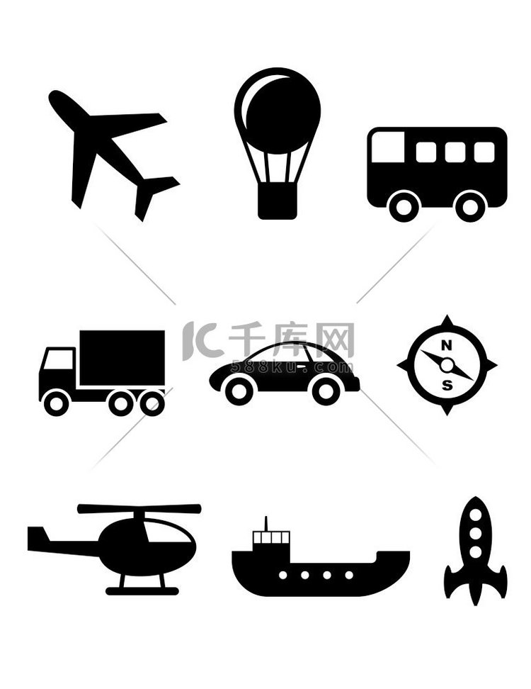 一组九个剪影运输图标，包括飞机