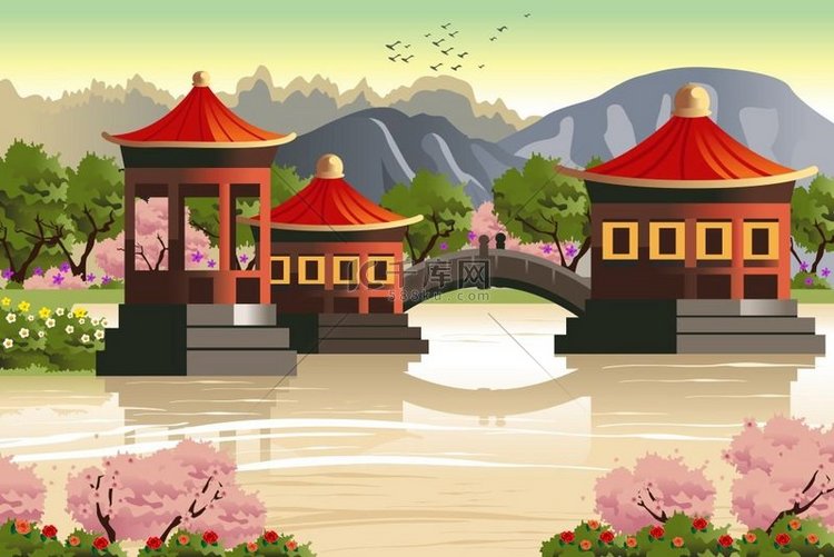 中国寺庙背景的矢量图解