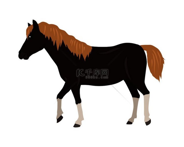 红色鬃毛和白色腿的黑马平面设计