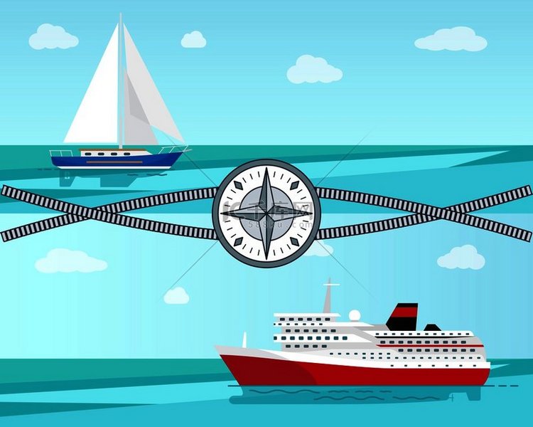 帆船和船，用绳索和指南针，给出