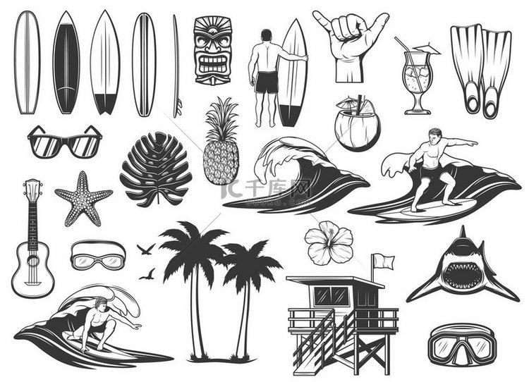 冲浪板、海浪和海滩度假图标。