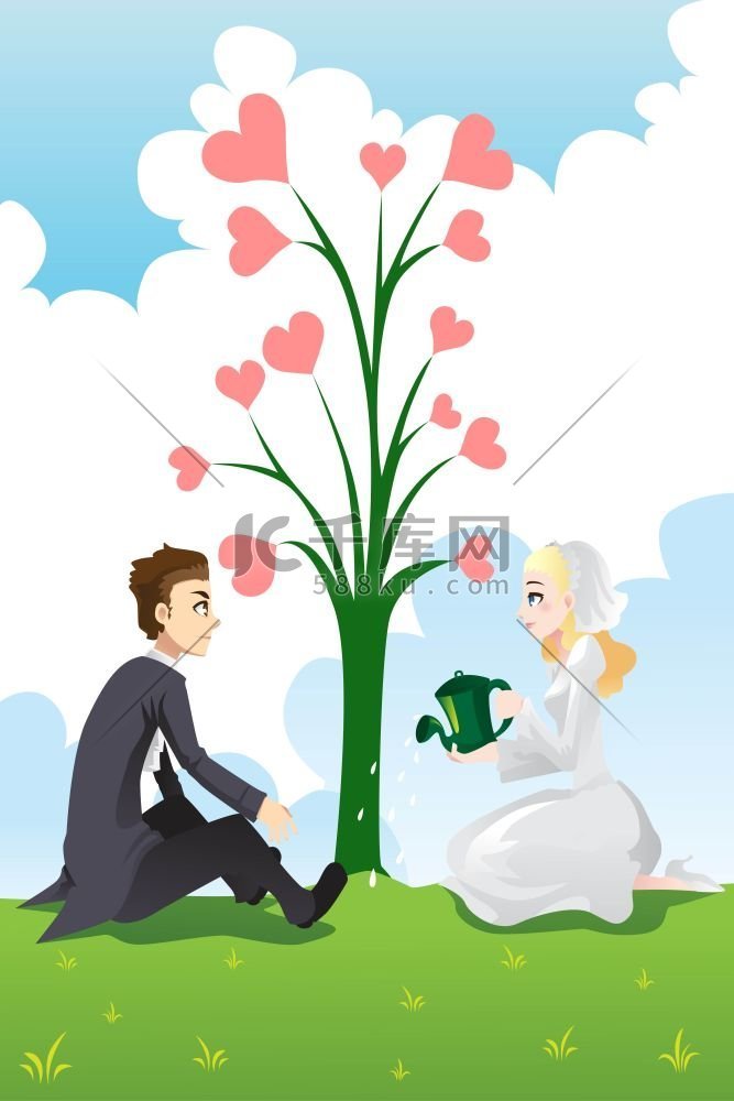 一对新婚夫妇在爱之树上浇水的矢
