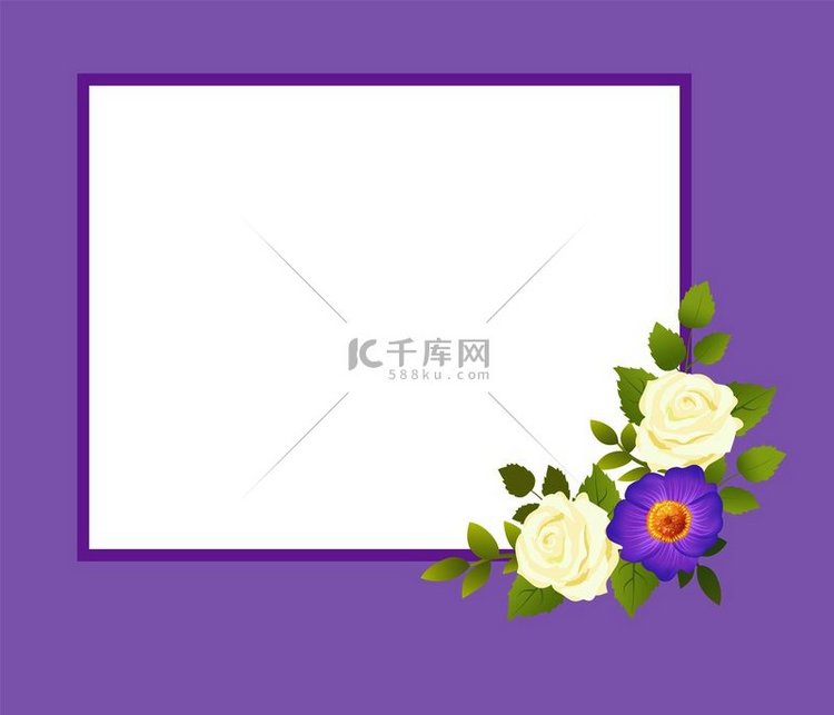 紫色框架与白色玫瑰花和柔和的雏
