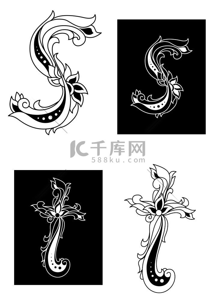 复古花卉风格的 S 和 T 装饰字母