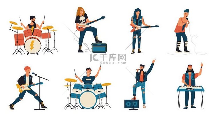 摇滚乐队角色卡通吉他手歌手和鼓