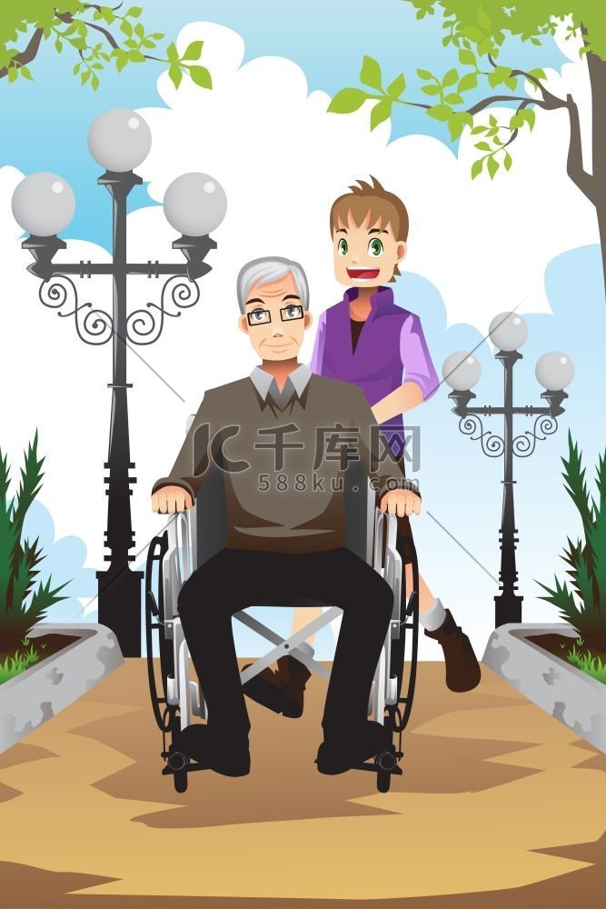 一个小男孩推着他坐在轮椅上的祖