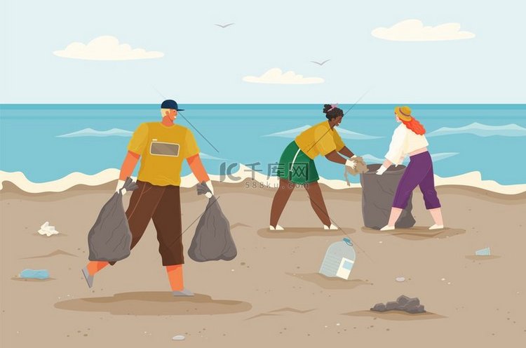 志愿者正在清理肮脏的海滩。