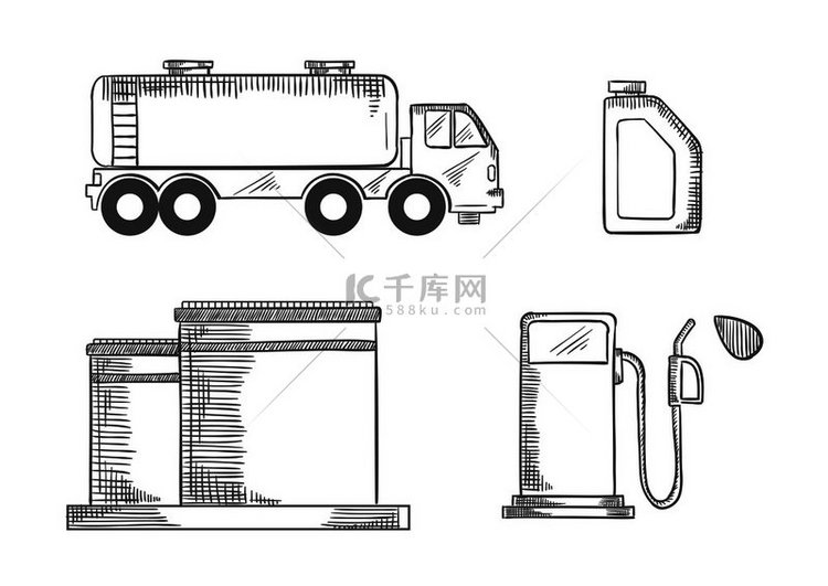 石油工业勾勒出汽油、油箱、泵和