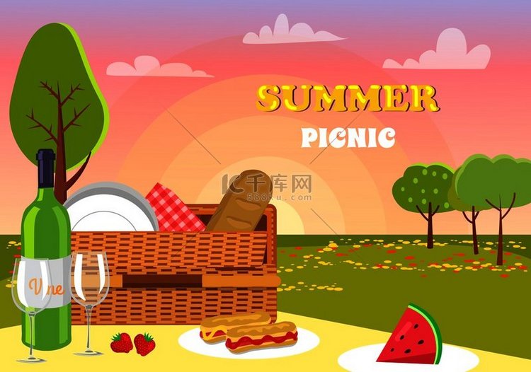 夏季野餐、自然和产品、西瓜和草