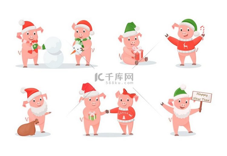 戴着帽子和毛衣的猪，新年和圣诞