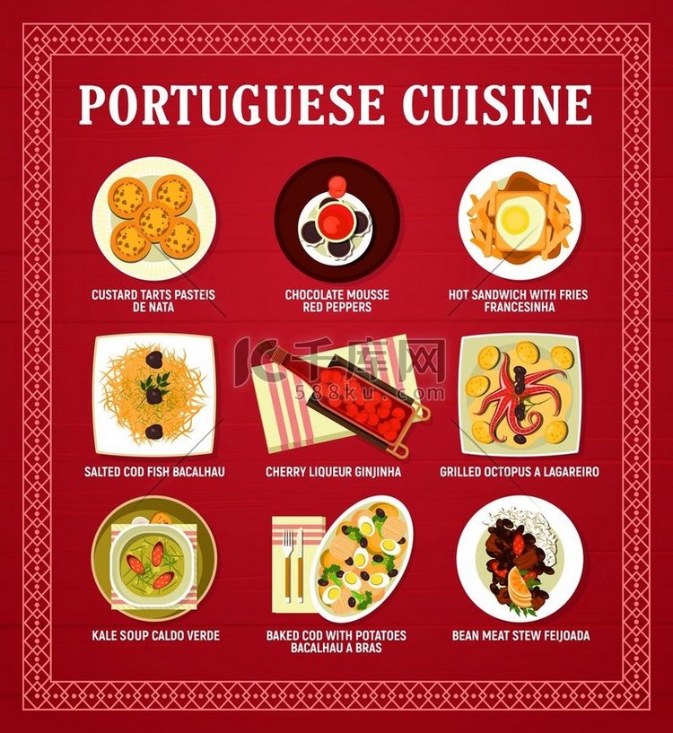 葡萄牙美食菜单矢量卡，包括肉类
