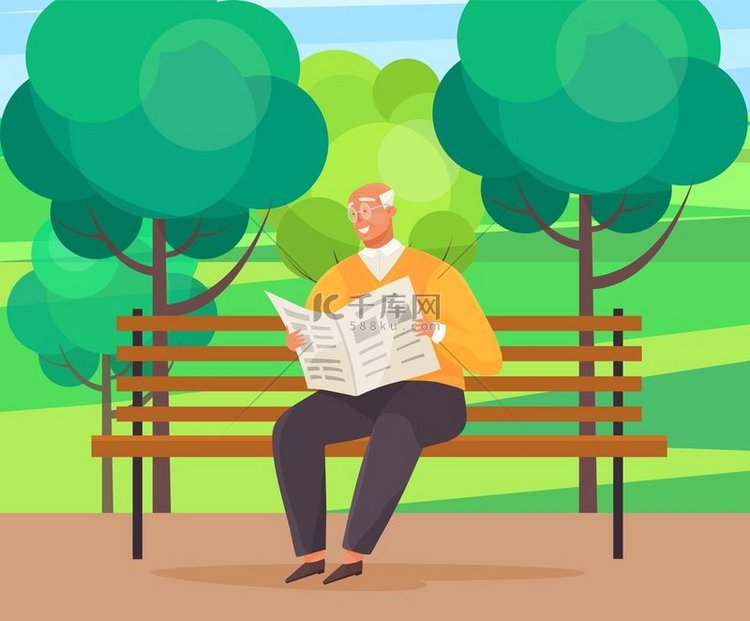 戴眼镜的老人坐在公园的长椅上看