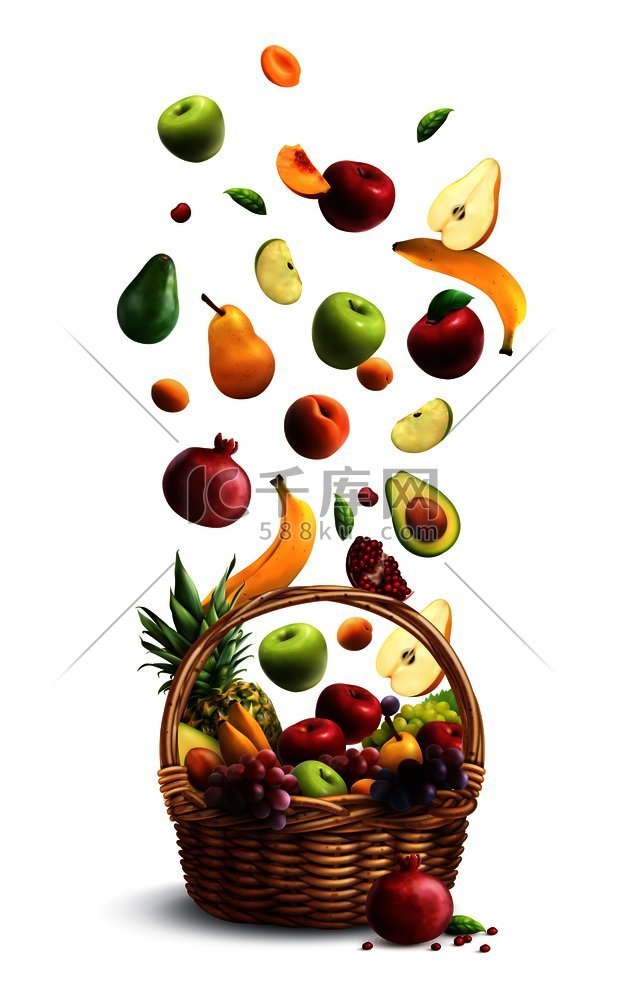 成熟的水果落在传统的柳条篮子里