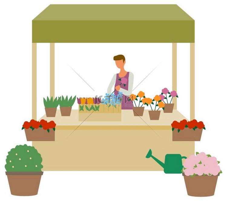 花卉市场，卖家在展示孤立的卡通