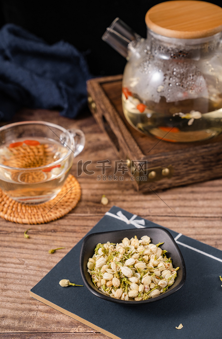 茉莉花茶干茶艺茶饮养生摄影图配