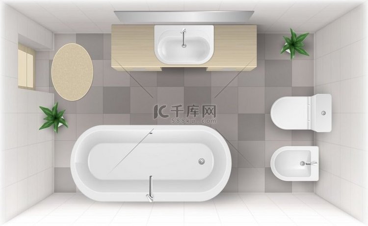 浴室内部顶视图，带空浴缸的房间