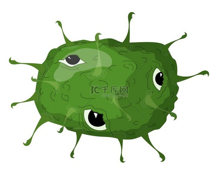 矢量图 有眼睛的卡通绿色病毒。