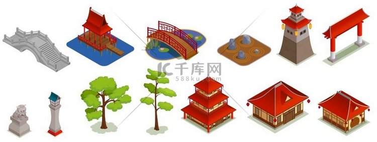 亚洲建筑等距集与孤立的图标和图