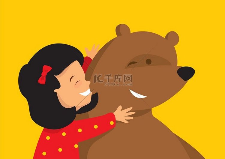 可爱的女孩抱着一只巨大的熊的卡