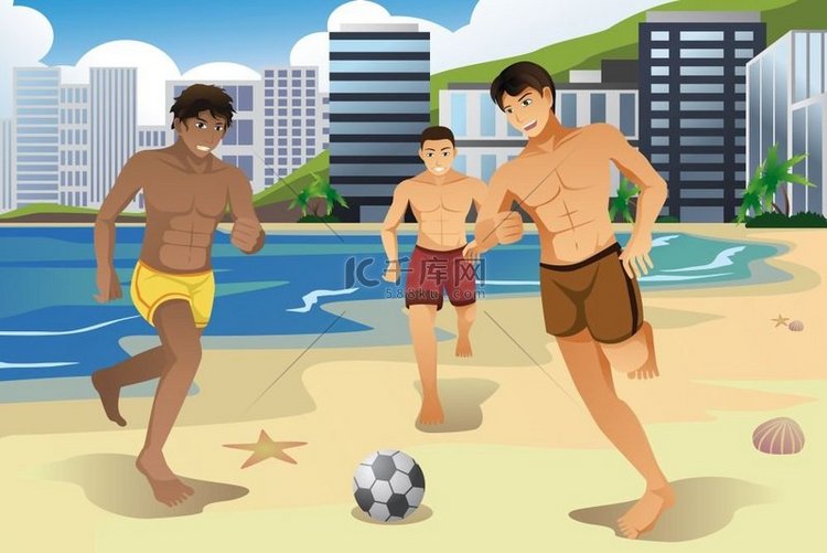 年轻男子在沙滩上踢足球的矢量图