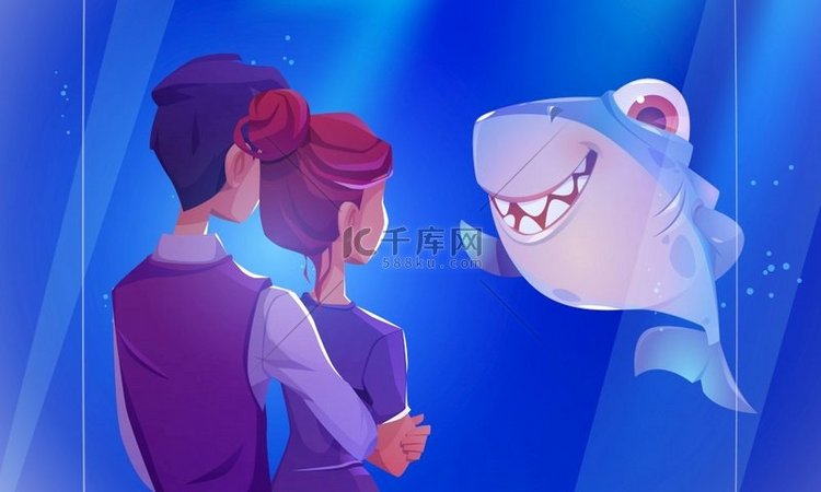 人们参观水族馆，年轻夫妇后视拥