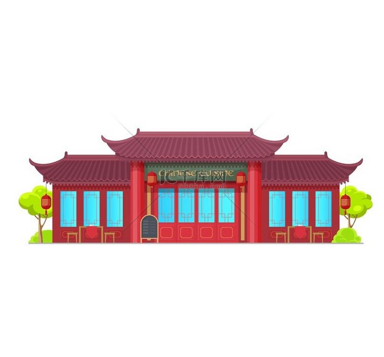 中国菜餐厅建筑矢量图标孤立的红