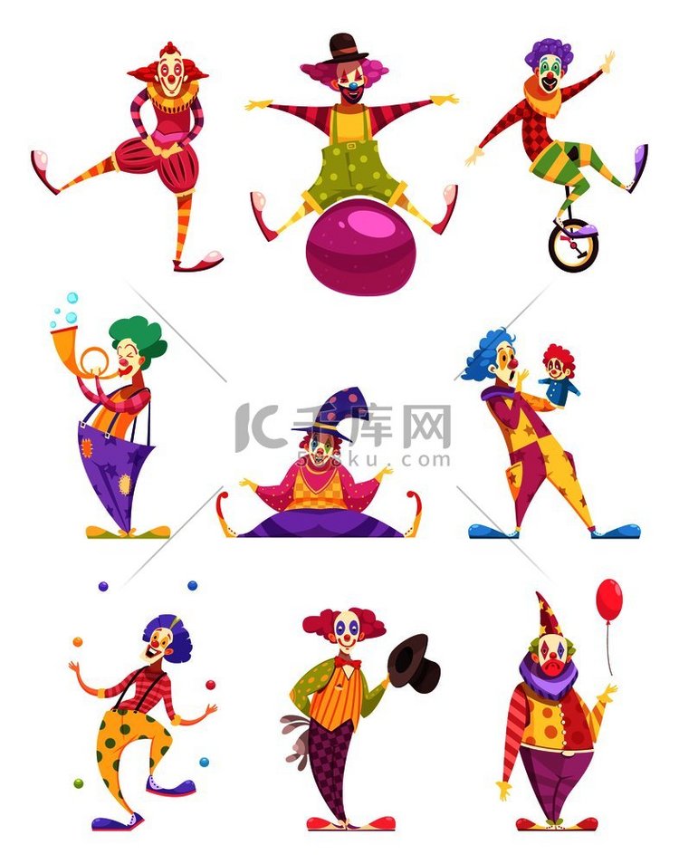 一组图标小丑穿着五颜六色的服装