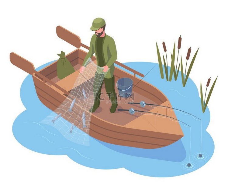 等距渔夫角色在河里钓鱼使用的捕