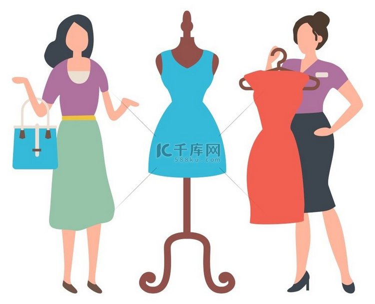 女人选择衣服、模特和衣架上的衣