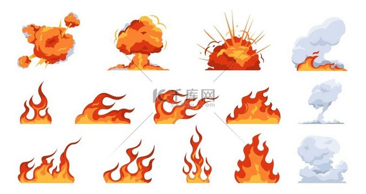卡通火焰扁平火球的烟雾和爆炸效