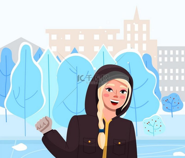 冬天城市街道风景的女孩。