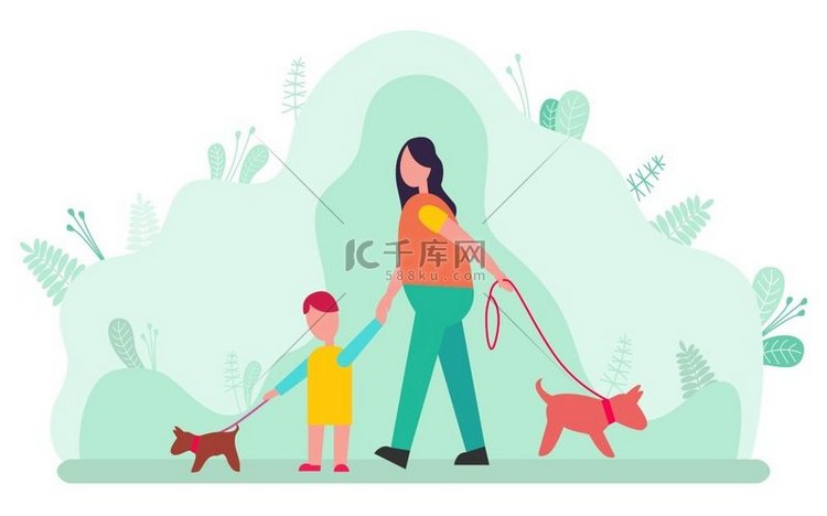 女人和儿子带着狗在项圈上散步，