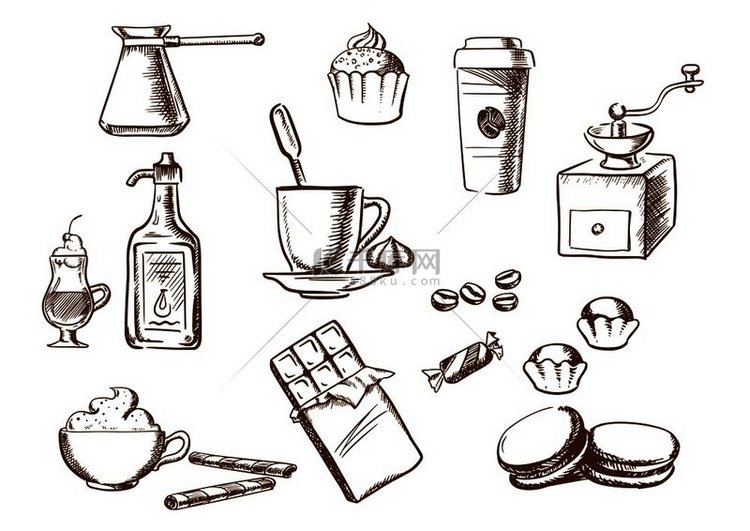 咖啡素描图标与杯咖啡茶碟与咖啡