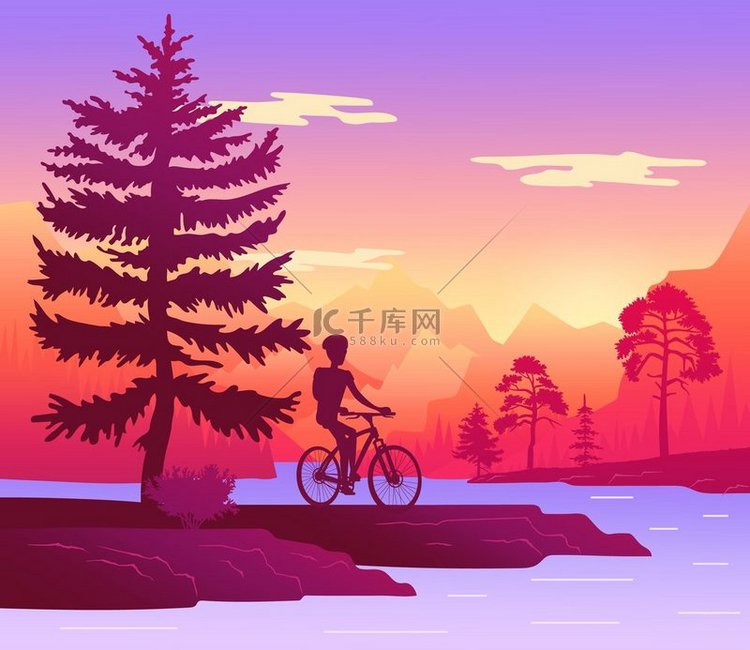游客在森林地区的河边骑自行车。