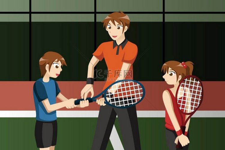 网球俱乐部儿童与教练的矢量图解